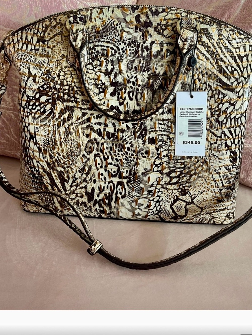 NWT~Brahmin Multicolor Animal Print Satchel in Cream, Black and Brown